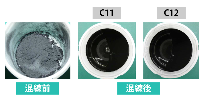 電極材料（カーボンブラック）を自公転ミキサーで分散させる前後の画像